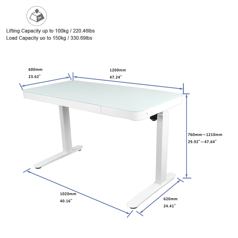 2021 New Design Glass Top Electric Height Adjustable 3 Memory Function Standing Desk with Aluminum Drawer and USB Charger/