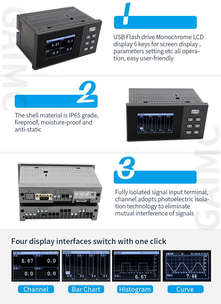 GPR200 USB RS232 LCD display 4 channel paperless chart recorder