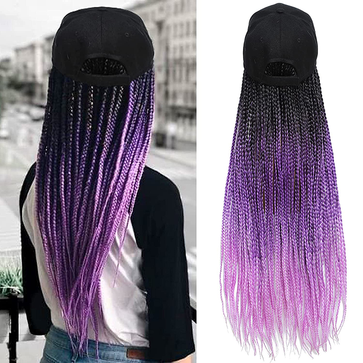 Long Rainbow Synthetic Braiding Hair White Black Baseball Cap Ombre 3X Box Braids Hair With Baseball Cap Hat Wigs