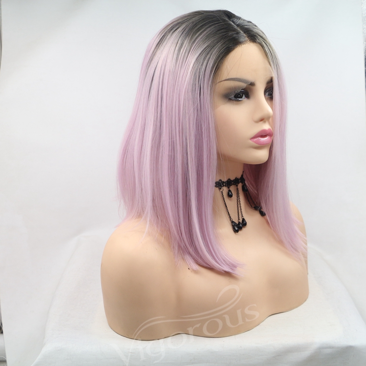 Vigorous ombre short bob blonde premium high quality straight wholesale black women synthetic hair wigs with lace front