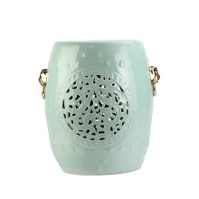 Celadon Glaze Golden Pleated Lion Ring Handle Carved Ceramic Stool
