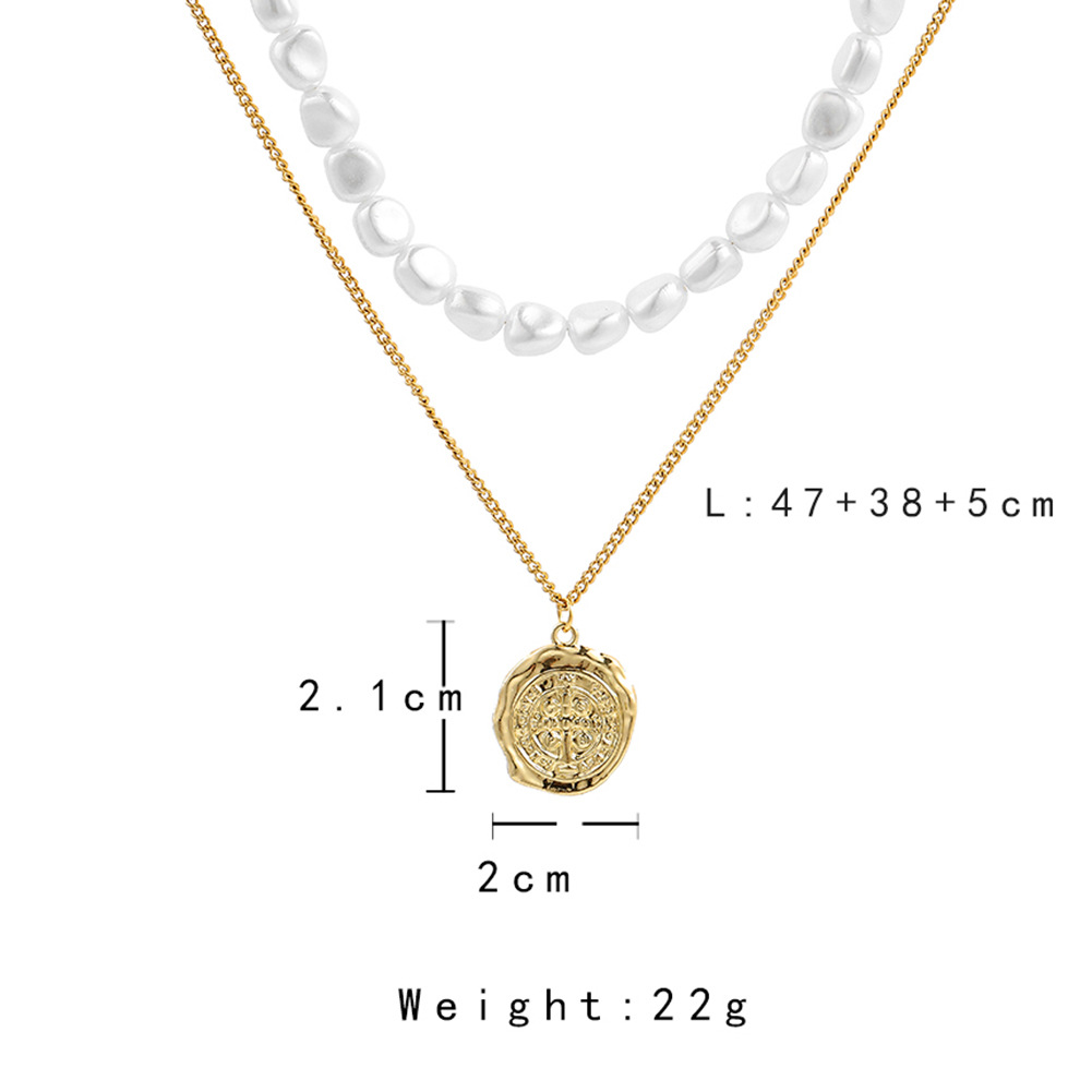 Simple irregular ancient coin pendant stainless steel chain gold plated pearl double layer necklace