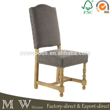 solid oak wood frame dining chair, upholstered dining chair dark gray linen with nail trim, oak dining chair