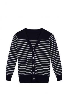 Boy's Knitted Buttoned White Black Stripe School Cardigan