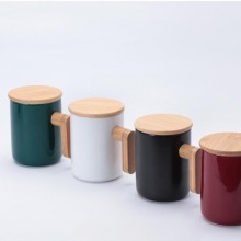 BambooHandled Latte Mug with Lid - 350ml White Ceramic