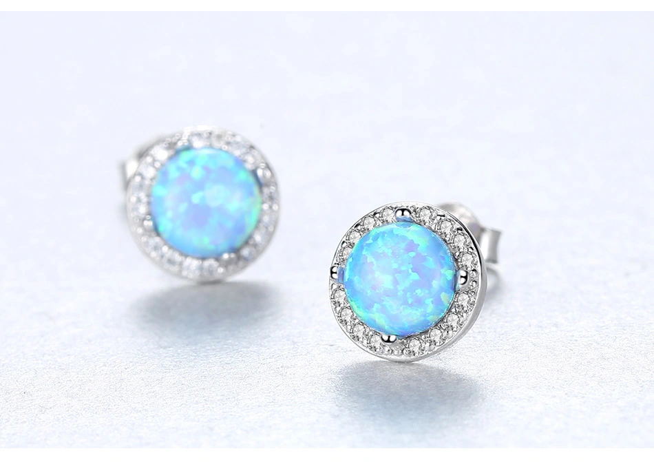 Round Treasure Blue Opal Gemstone CZ S925 Silver Stud Earrings