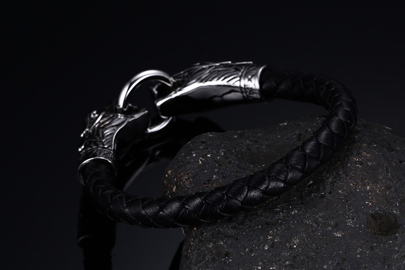 Mens Double Dragon Head Charms Hook Leather Bracelet