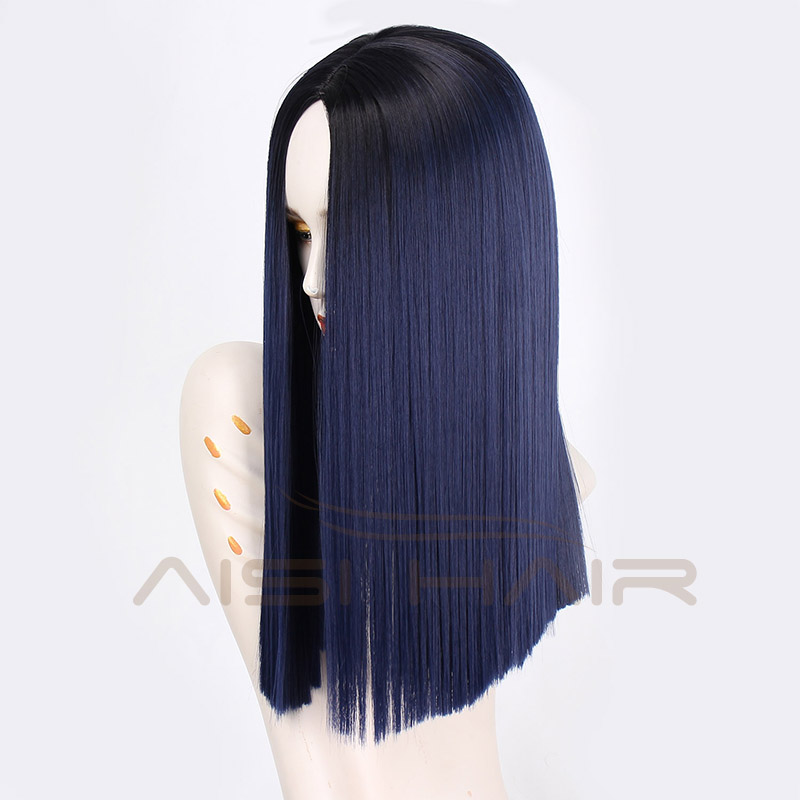 Aisi Hair Wholesale Middle Length Silky Straight Ombre Dark Blue Color Wig Afro Synthetic Cosplay Wigs For Black Women