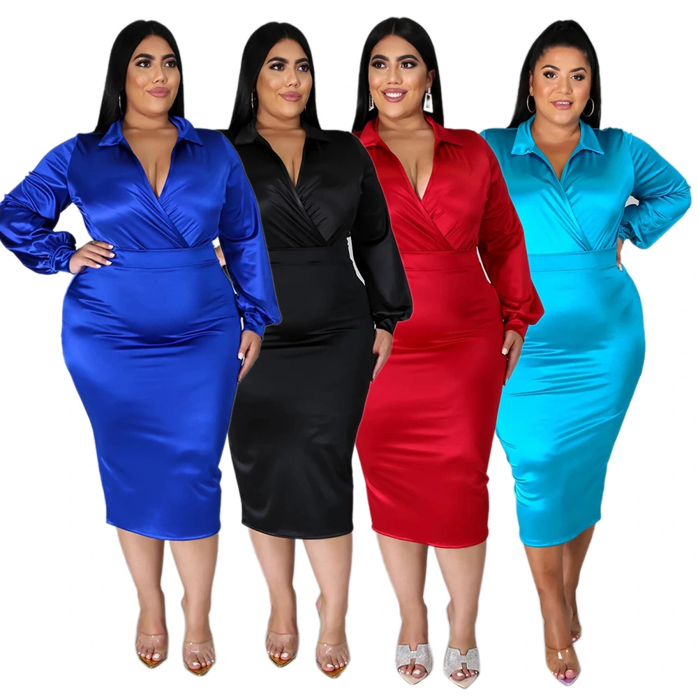 New Product Plus Size Collar Woman Dress Dress Plain MIDI Dress Women Clothing