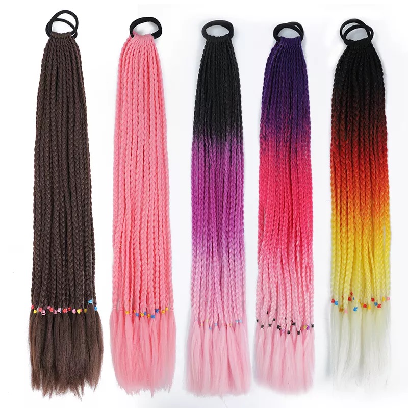 Alileader Long Box Crochet Synthetic Hairpiece Ombre Braiding Hair Extensions Braid Ponytail With Hair Rubber Bands