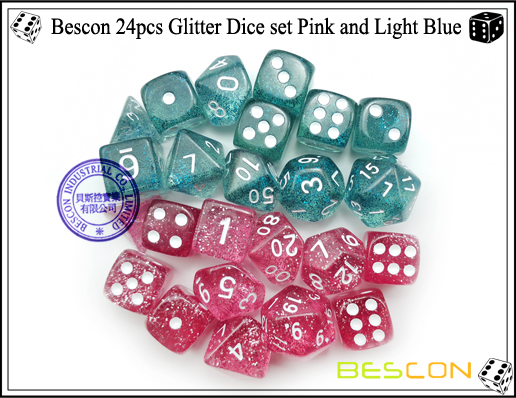Bescon 24pcs Glitzer Würfel Set Pink und Hellblau-5 Bescon 24pcs Glitter Dice set Pink and Light Blue-5