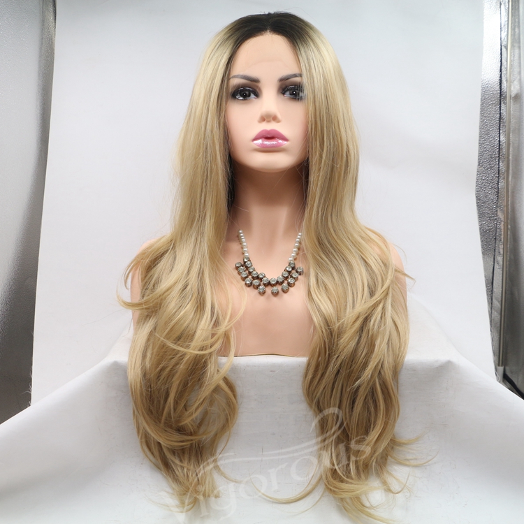 Synthetic Lace Front Glueless Long ombre blonde Wig Loose Curly Wave Wig for Women Pre Plucked Hairline Heat Resistant Hair Wig