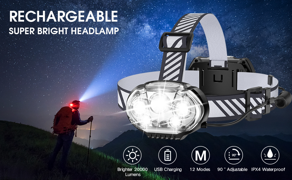 USB Rechargeable  High Lumen Super Bright 5 Led Light Beads 90 Rotation Headlamp for Emergency Outdoor Fishing Hiking Camping