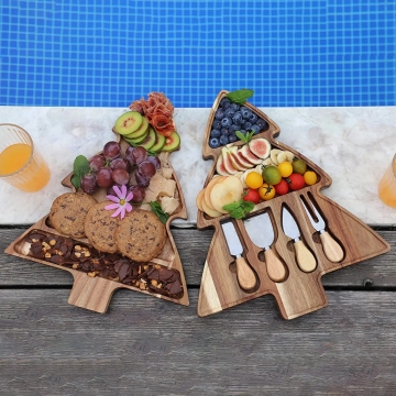 Acacia Wood Christmas Tree Charcuterie Board Set with Knives