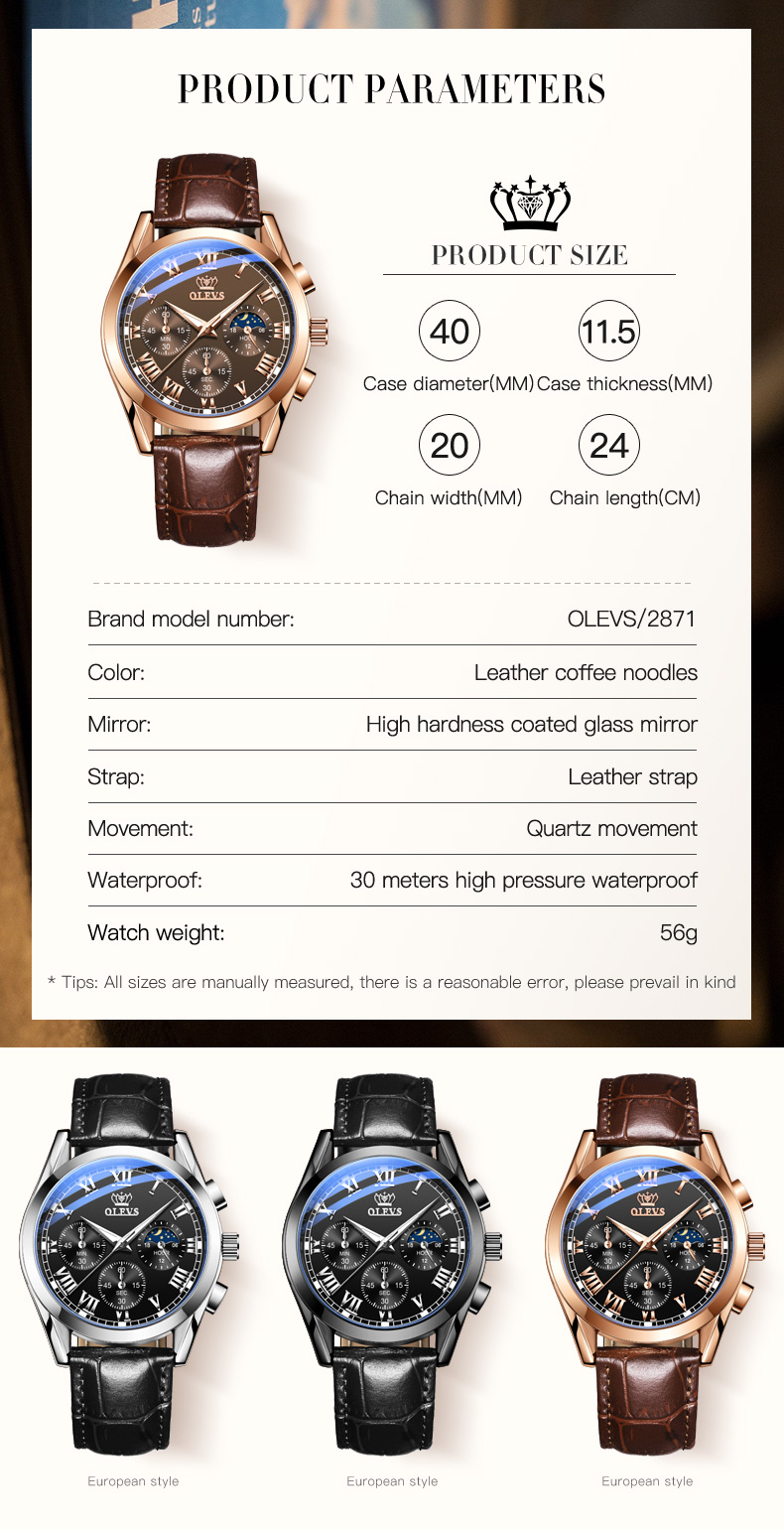 OLEVS 2871 Multifunctional Sports Watches Leather Luxury Fashion Genuine Leather Man Wristwatch Waterproof Luminous Men's Watch