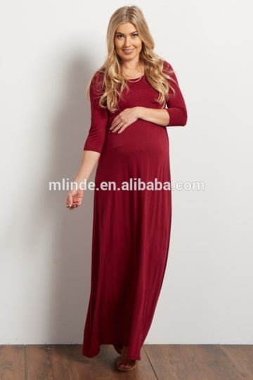 Korean Style Maternity Clothing Oversized Women Beautiful Long Muslim Design Burgundy 3/4 Sleeve Maternity Maxi Dress
