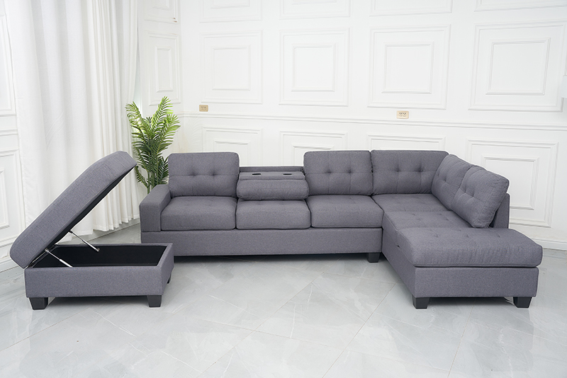 Stationary Fabric L Shape Sofa with Ottoman