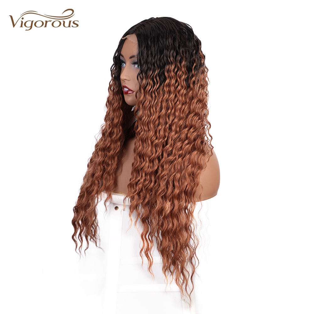 Vigorous High Quality Long Jerry Curl Small Part Lace Natural Hairline Ombre Honey Brown For Black Women Synthetic Hair Wigs
