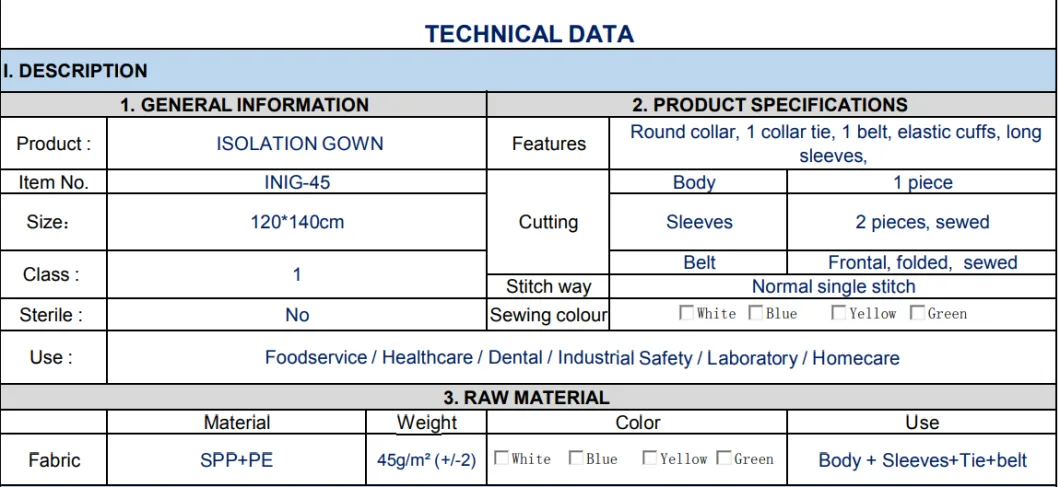 Non-Woven Reinforced Disposable Medical Isolation Gown