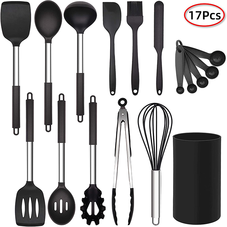 Amazon Hot Sell Silicone Kitchen Utensil Set with Stainless Steel Handle Silicone Cooking tool sets