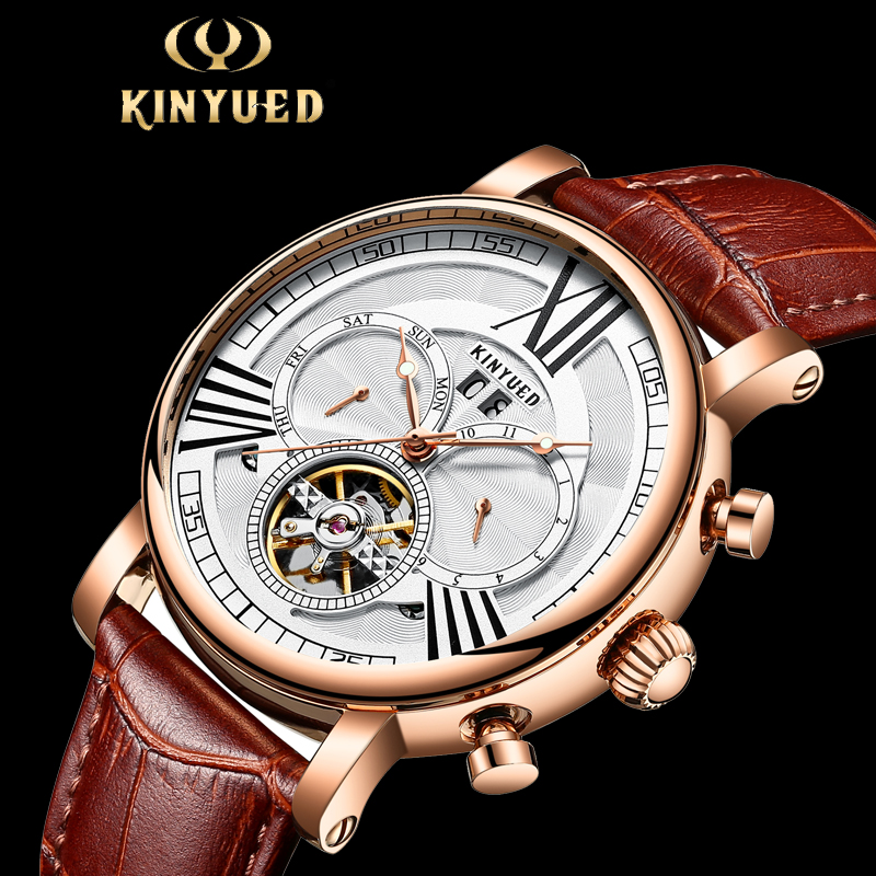 Kinyued J023 Fashion Leather Automatic Man Watches Tourbillon Calendar Chronograph Mechanical Watch