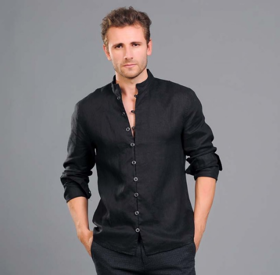 New casual men's wear Chinese national style men's long sleeve stand collar linen shirt pure color slim shirt