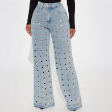 Custom Grommet Rigid Flare Jeans Light Wash Non Stretch Denim Pants