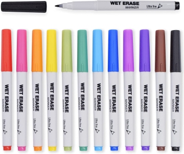Ultra Fine Tip Wet Erase Marker Set for Whiteboards - 12 Colors