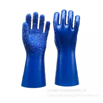 Blue pvc coated gloves with chips on palm