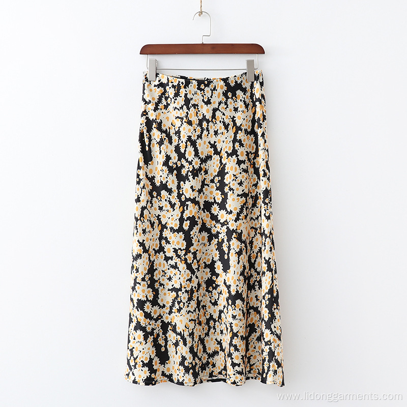women french daisy printed satin fishtail skirt