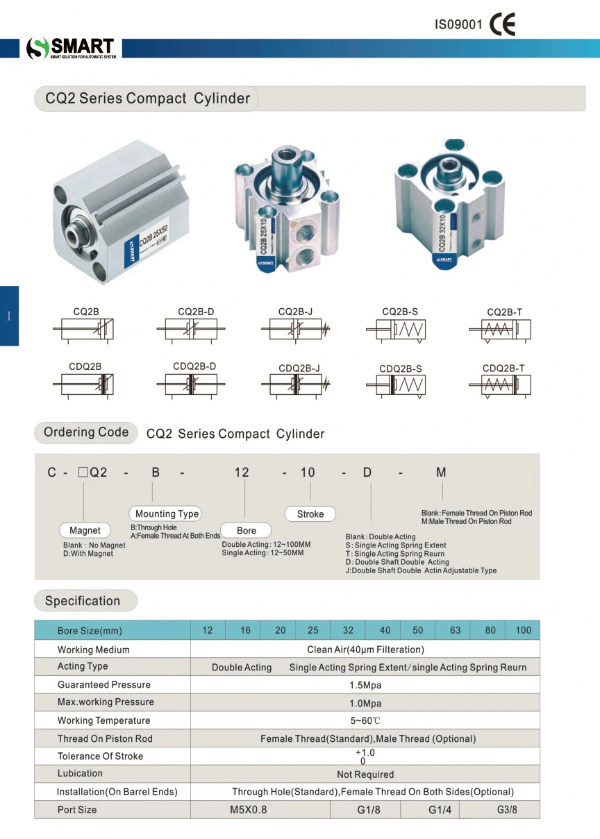 Pneumatic Actuators Cq2 Series Double Acting Pneumatic Air Compact Cylinder