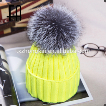 wholesale winter fox fur ball rib knit hat /rib knit hat with fur bobble
