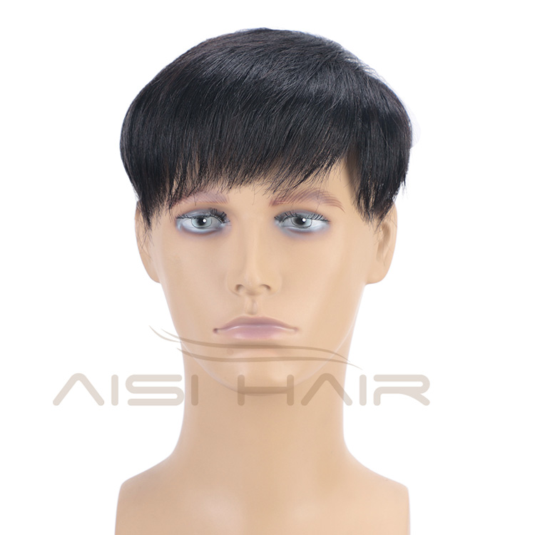 Aisi Hair 100% Human  Hair Men Toupee Human Hair Man Hairpieces Natural Black Machine Made Men Toupee with Clips