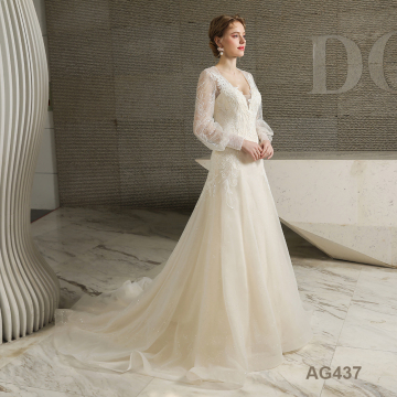 Custom Simple Puffy Long sleeve White Formal Bridal formal wedding dress