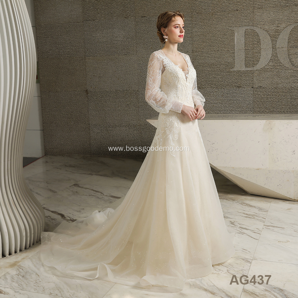 Custom Simple Puffy Long sleeve White Formal Bridal formal wedding dress