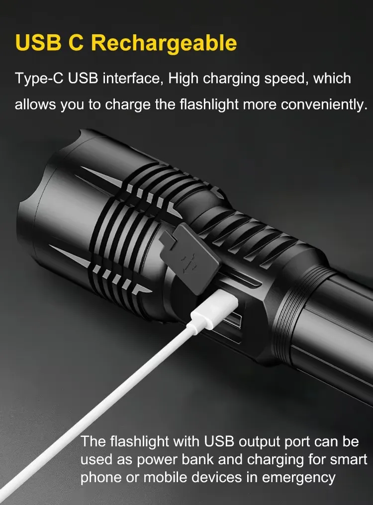 High Power Zoom, Strong Light Digital Display Multifunctional, Multi Level Adjustable Flashlight