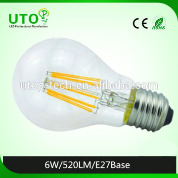 CE RoHS E27 Led 6W bulb. Glass Cover LED Filament bulb