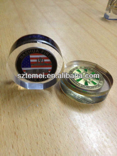 clear acrylic paperweight with metal coin