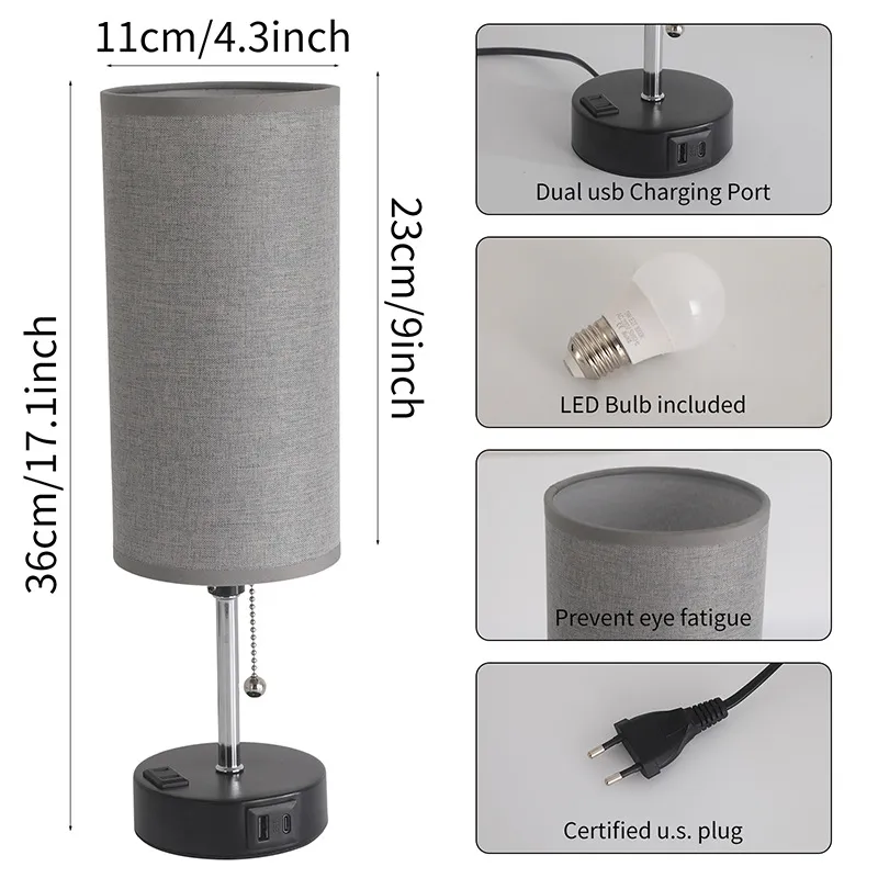 Three-Color Adjustable Dimmable LED Bedroom Lamp with USB Charging