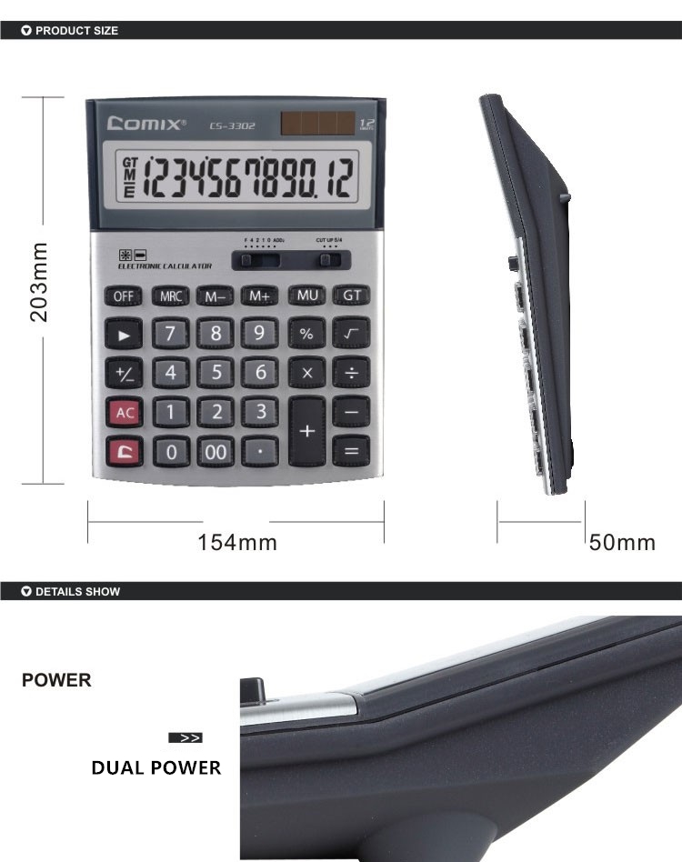 comix hot selling office dual power 12 digits gray desktop calculator