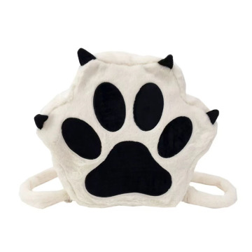 Black and white plush cat paw backpack