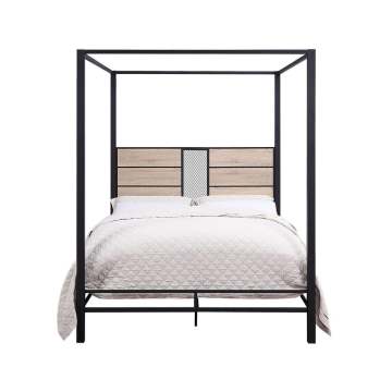 Industrial Metal Framed Queen Size Canopy Bed with Panel Headboard
