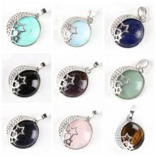 Natural Gemstone Crescent Moon Silver Stars Pendant