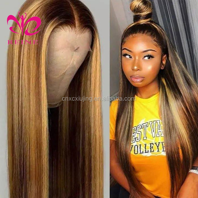 REINE  4/27 1B/27 Highlight Wig 4*4 Straight Lace Closure  Human Hair Wig Pre Plucked Ombre Piano Color