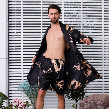 Men's Summer Thin Long Sleeved Pajamas & Silk Shorts Set