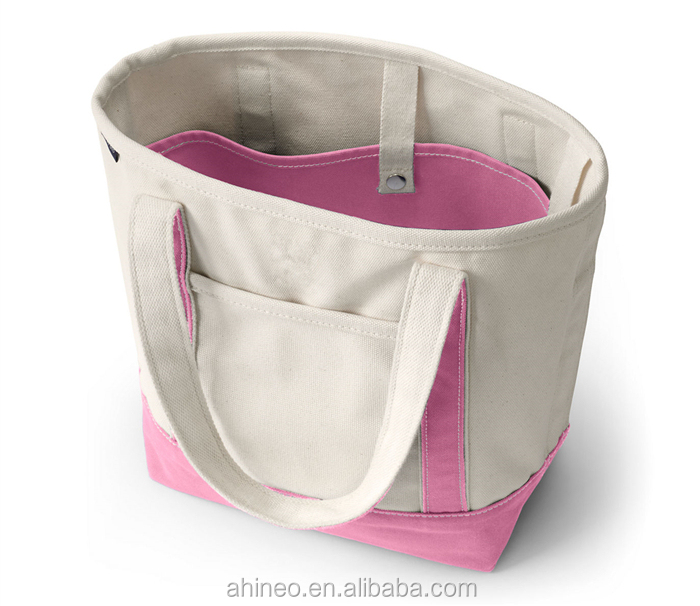 Custom Natural Standard Size Two Tones Thick 24 Oz Printed Cotton Canvas Tote Bag With Outside Pocket shopping bag
