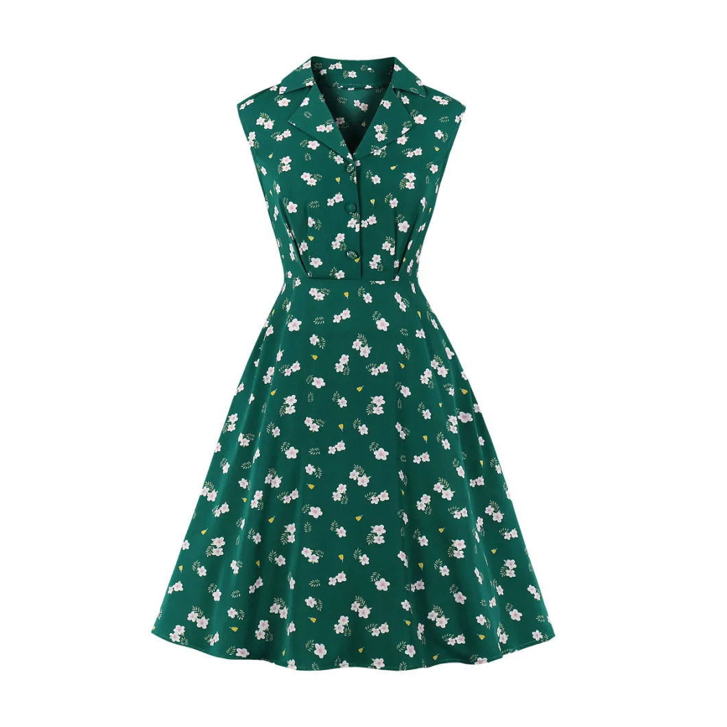 Women Summer New Lapel MID-Length Skirt Floral Sleeveless Dress