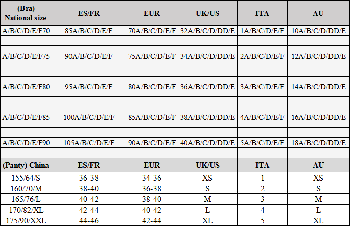 in stock bra panty size chart