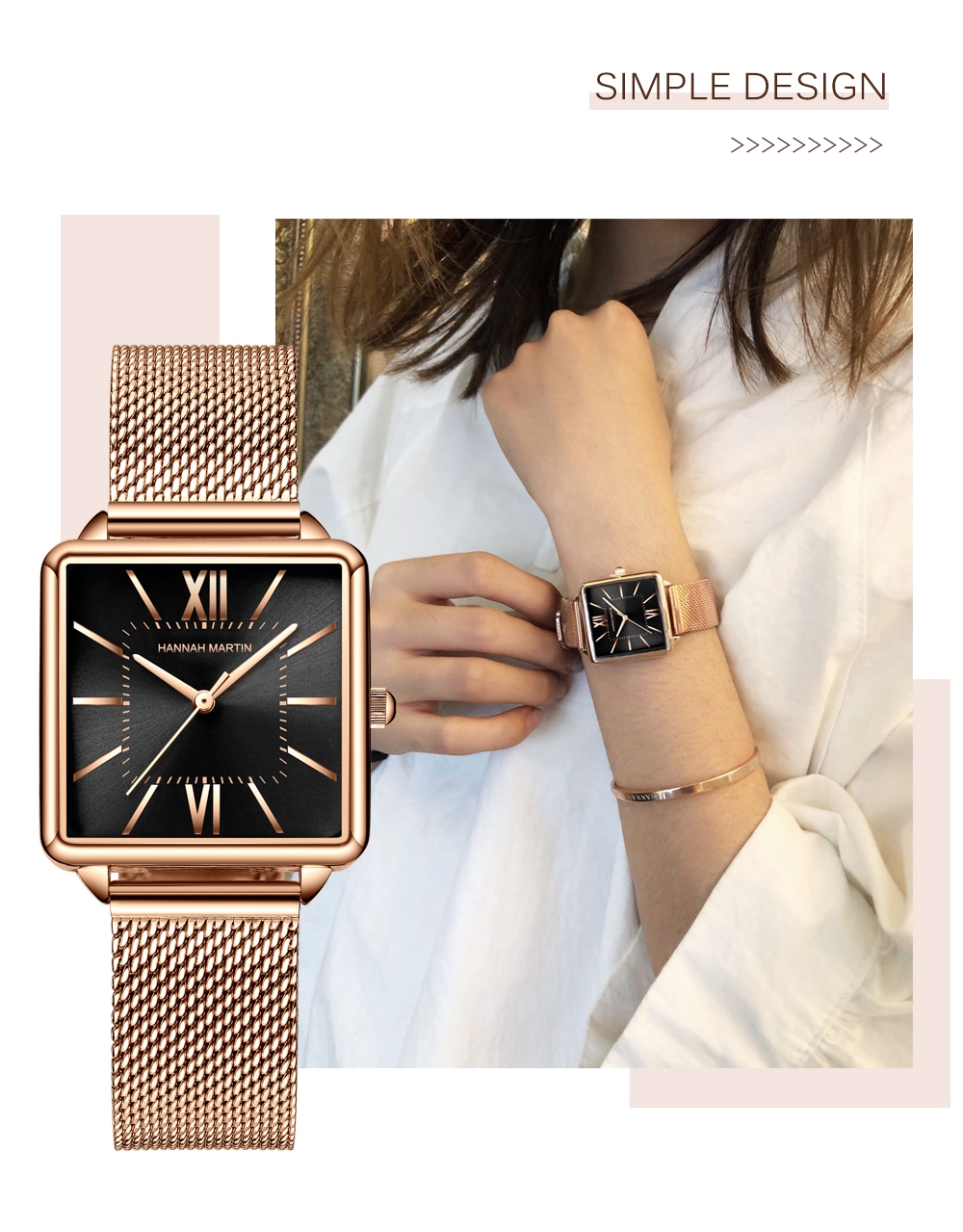 Hannah Martin 1082 Women Watches Quartz Watch Square Rose Gold Fashion Wristwatches Steel Mesh montre femme Hot Sale