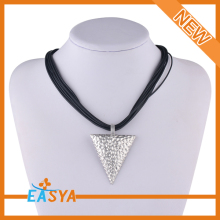 Silver Triangle Pendant Necklace Black Leather Chain